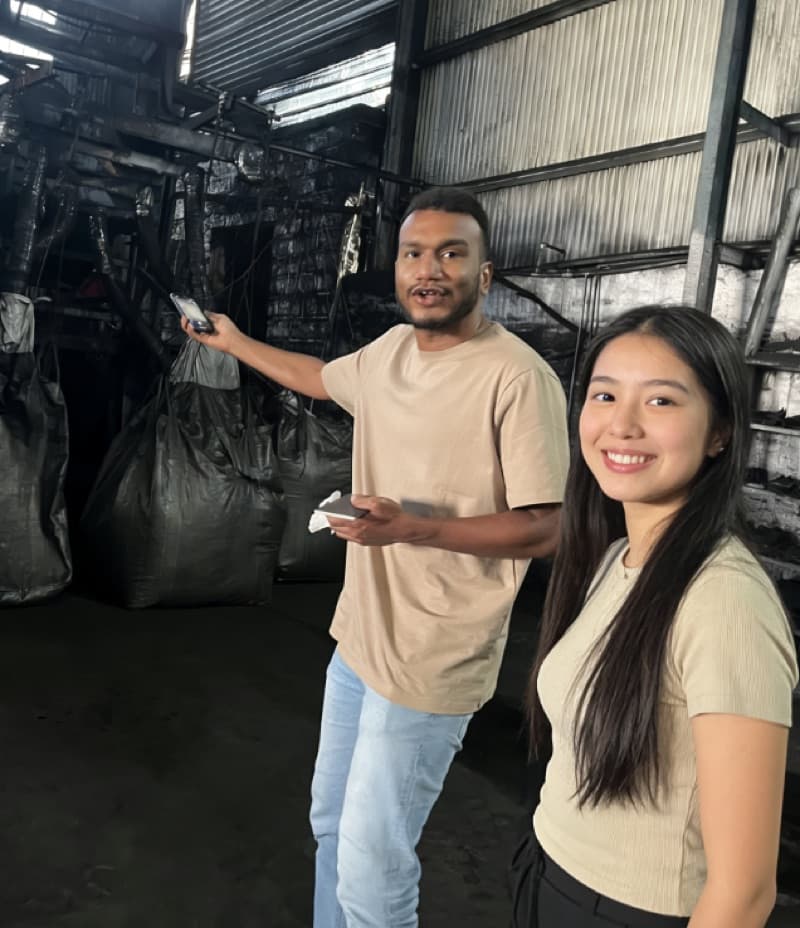 Client inspecting activated carbon warehouse and jumbo bags